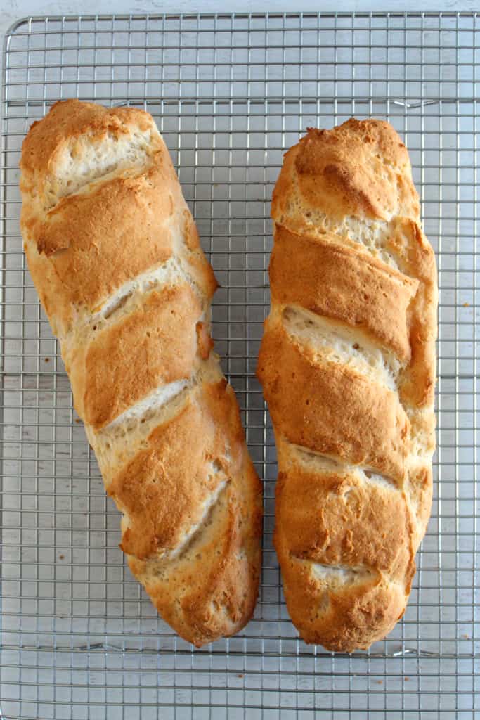 overhead shot of 2 loaves of french bread