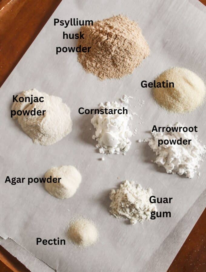 labeled substitutes for xanthan gum on a piece of parchment paper.
