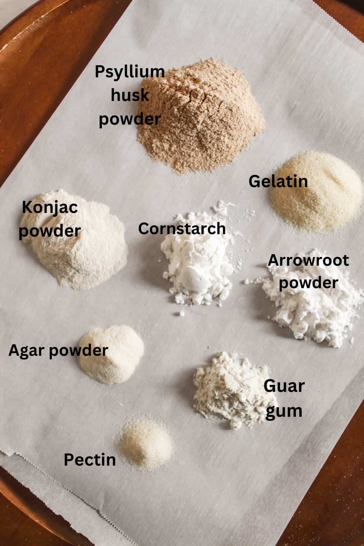 labeled substitutes for xanthan gum on a piece of parchment paper.