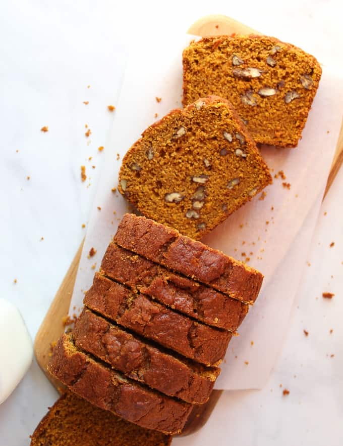 overhead shot of pumpkin bread slices