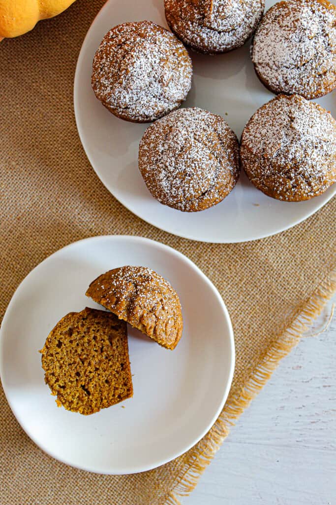 overhead shot of pumpkin muffins on a plate.