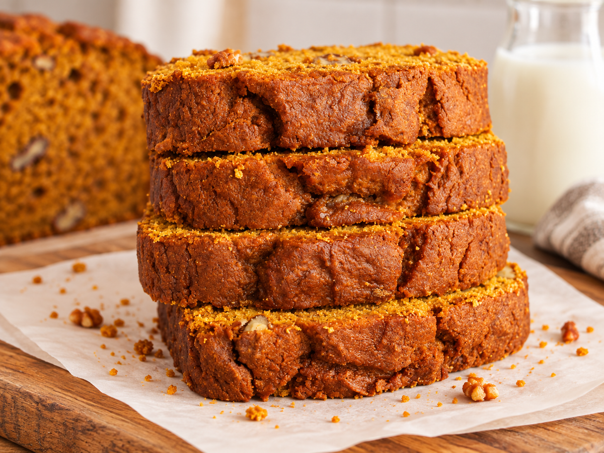 sliced and stacked pumpkin bread
