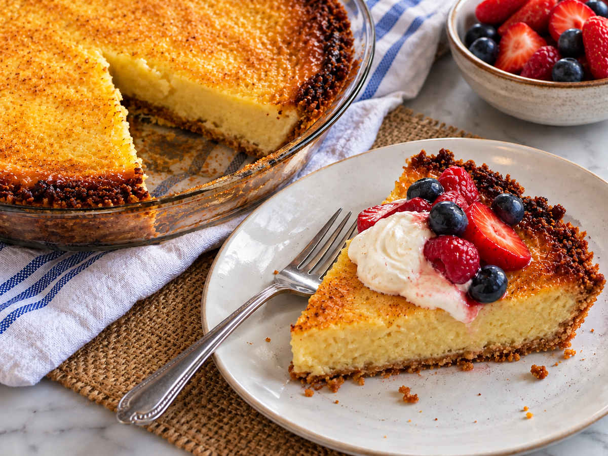 Gluten-free buttermilk pie with fruit and cream topping