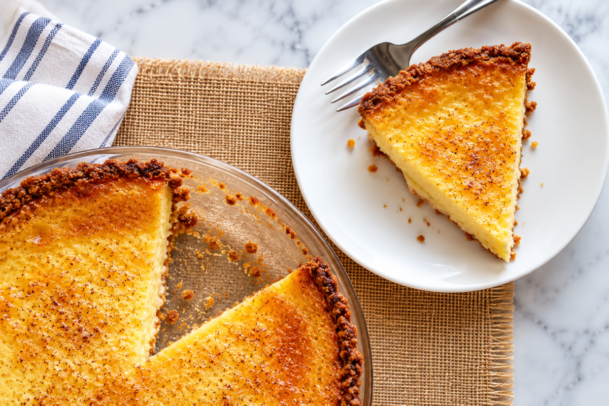 Slice of gluten-free buttermilk pie on a plate