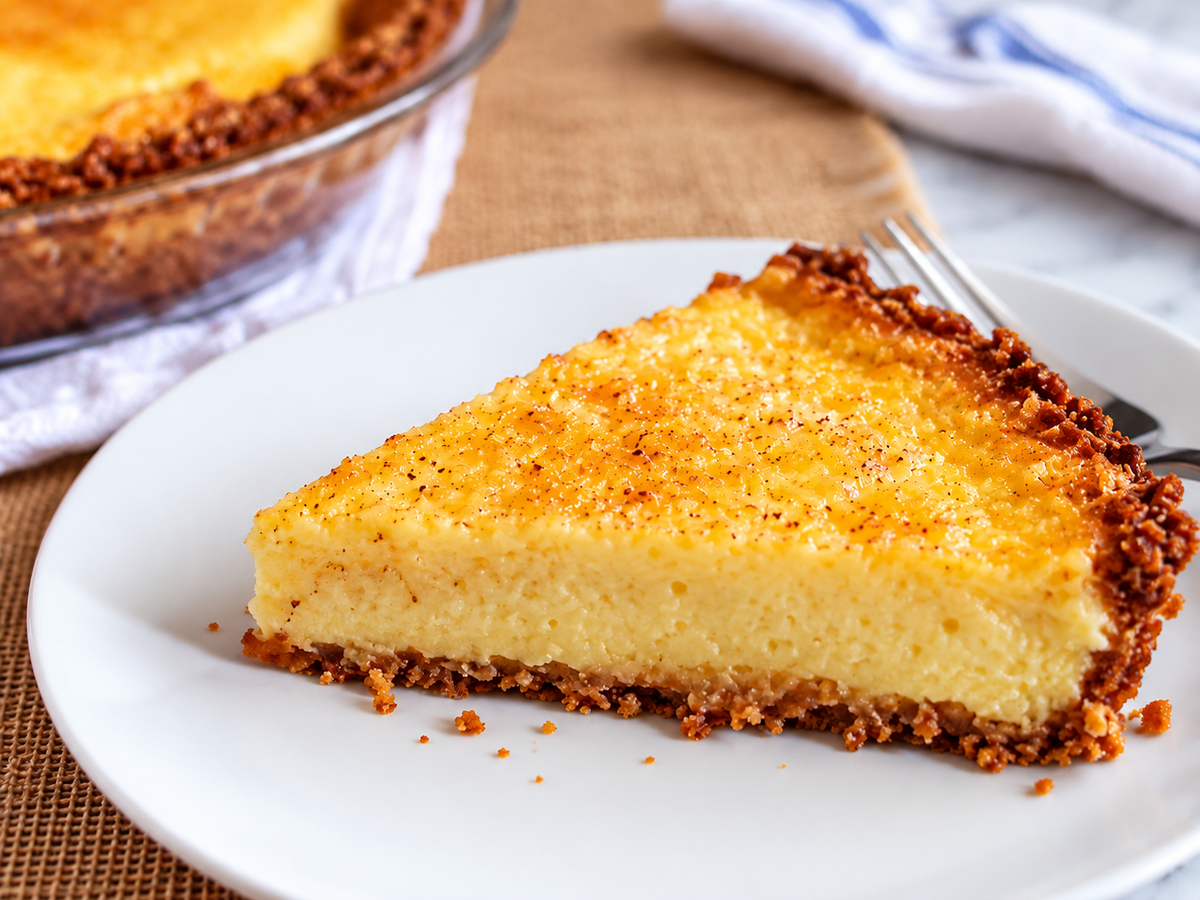Close up shot of a slice of gluten-free buttermilk pie