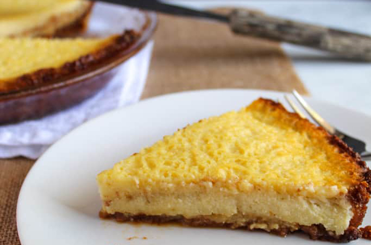 A close-up slice of gluten-free buttermilk pie