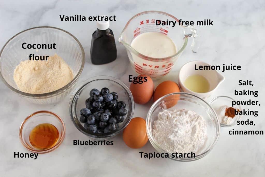 labeled ingredients for blueberry pancakes