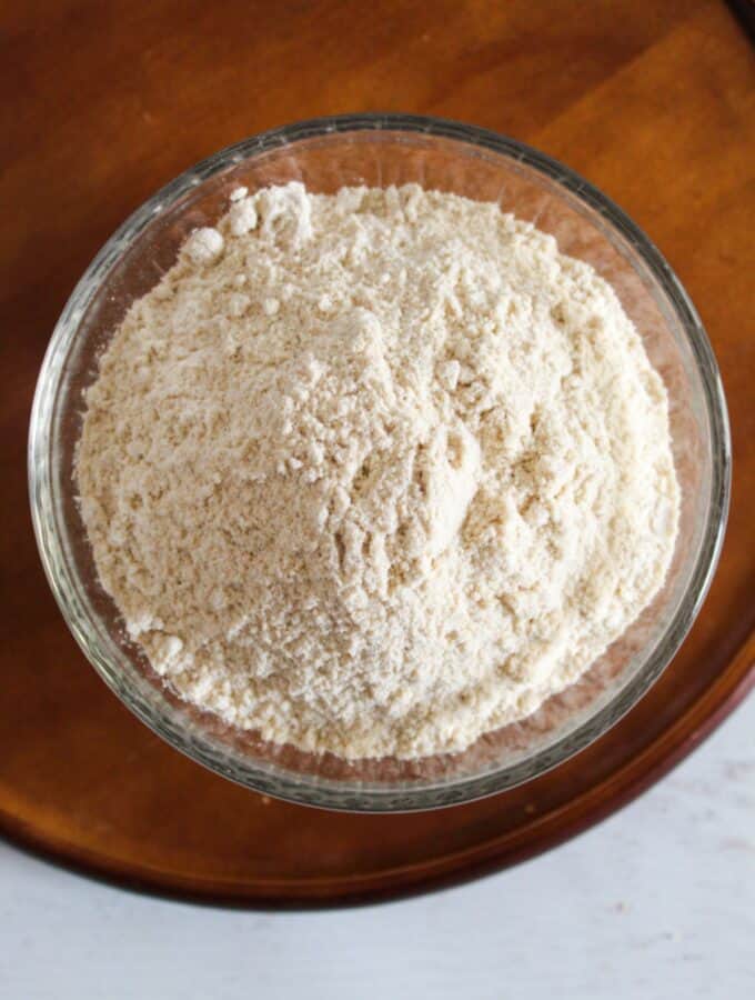 overhead of sorghum flour in a bowl.