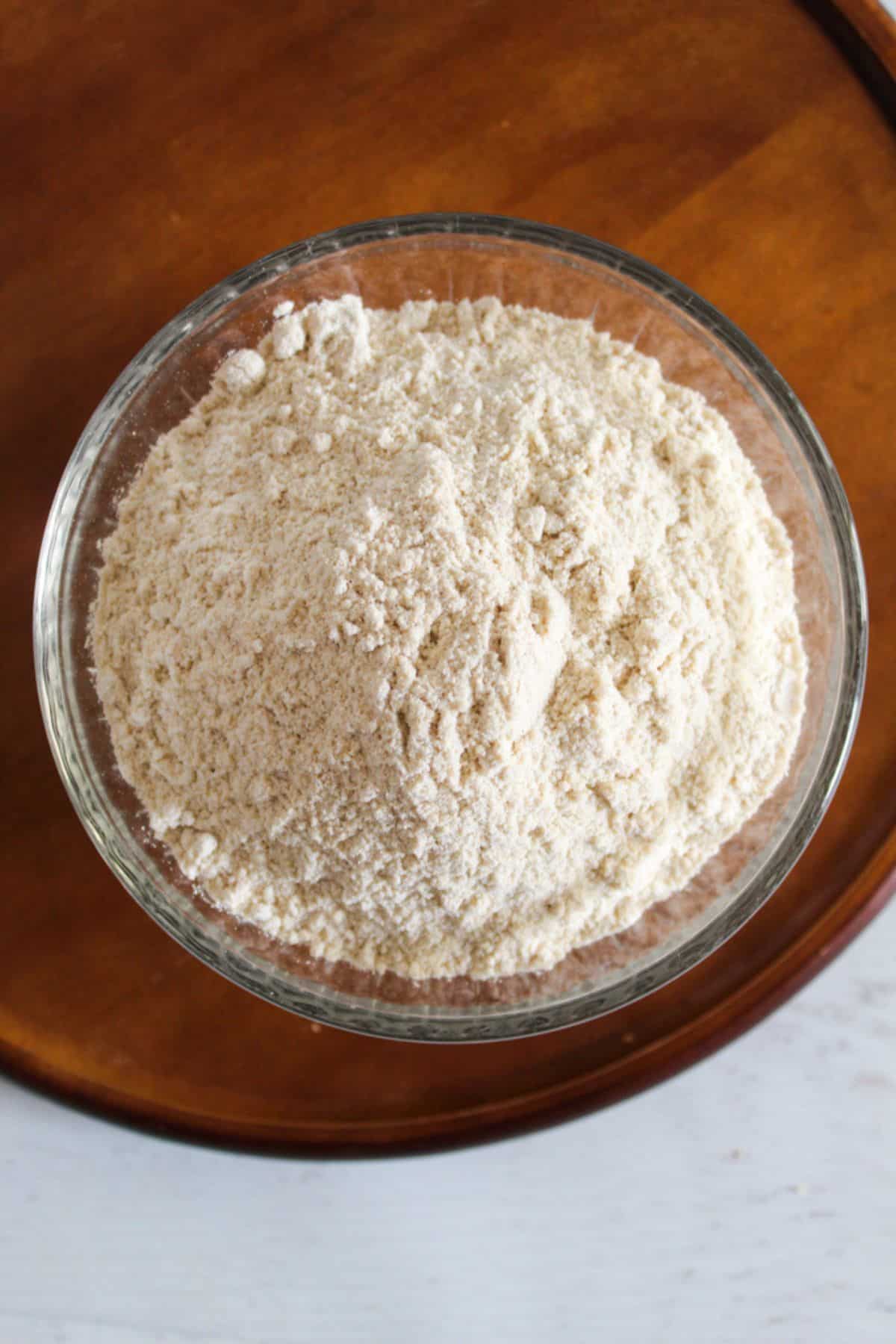 overhead of sorghum flour in a bowl.