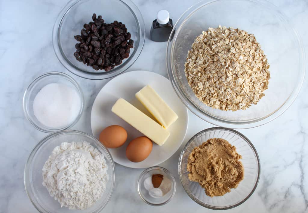 ingredients for gluten free oatmeal cookies sitting on a white counter