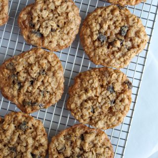 gluten free oatmeal raisin cookies on a wire cooling rack