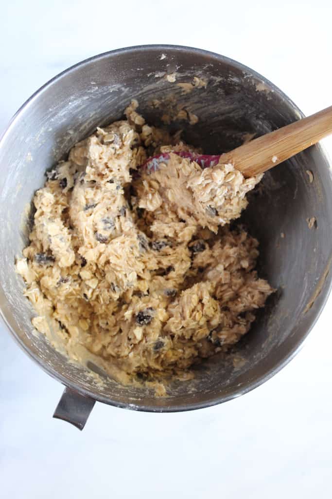 gluten free oatmeal raisin cookie batter in a mixing bowl on a counter