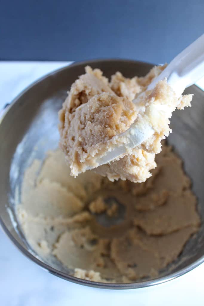 gluten free oatmeal raisin cookies creamed batter in a mixing bowl