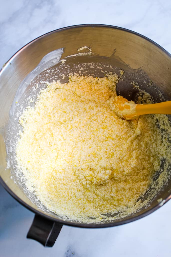gluten free lemon pound cake mixing in a bowl