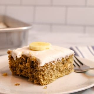 gluten free banana cake served on a white plate