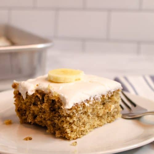 gluten free banana cake served on a white plate