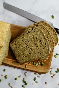 Gluten Free Buckwheat Bread sliced on a cutting board