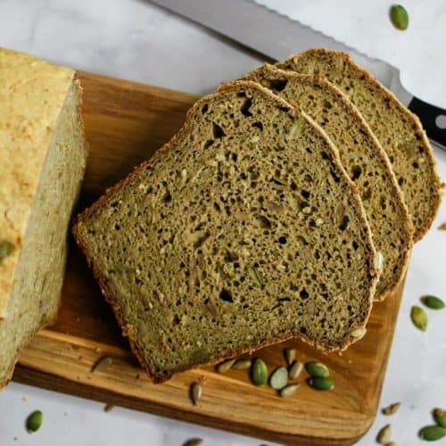 Gluten Free Buckwheat Bread sliced on a cutting board