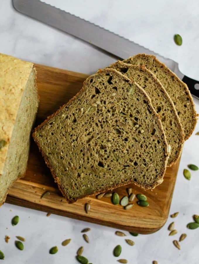 Gluten Free Buckwheat Bread sliced on a cutting board