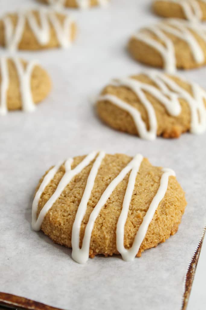 almond flour sugar cookies piped with glaze