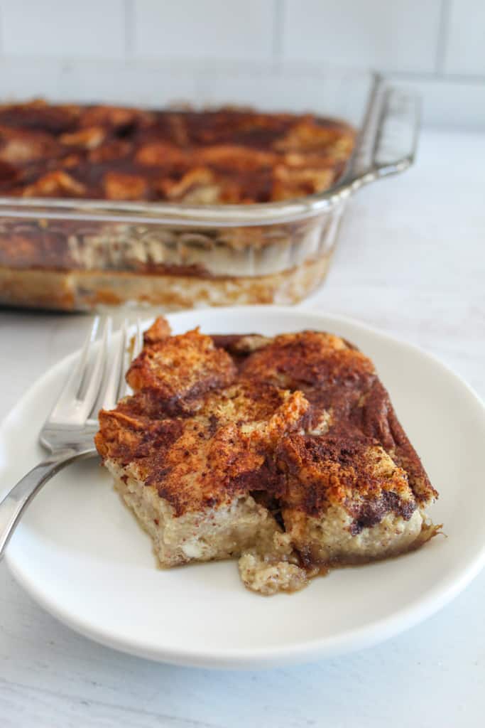 side shot of a piece of french toast casserole