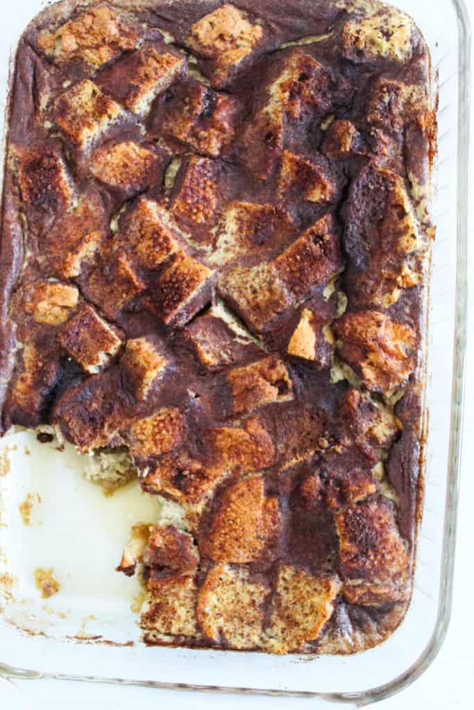 overhead shot of french toast casserole dish