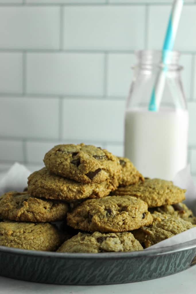 gluten free peanut butter chocolate chip cookies served on a plate
