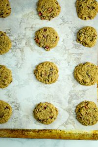 gluten free cranberry cookies baked on a baking sheet lined with parchment paper