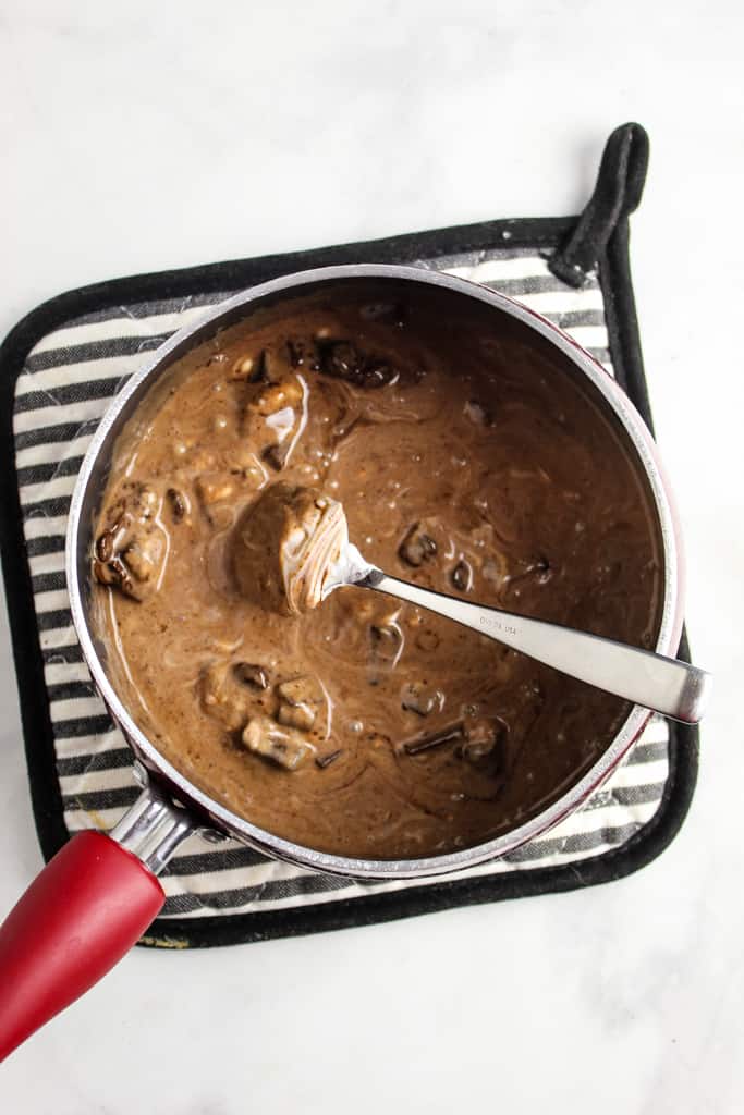 overhead shot of chocolate chips melting