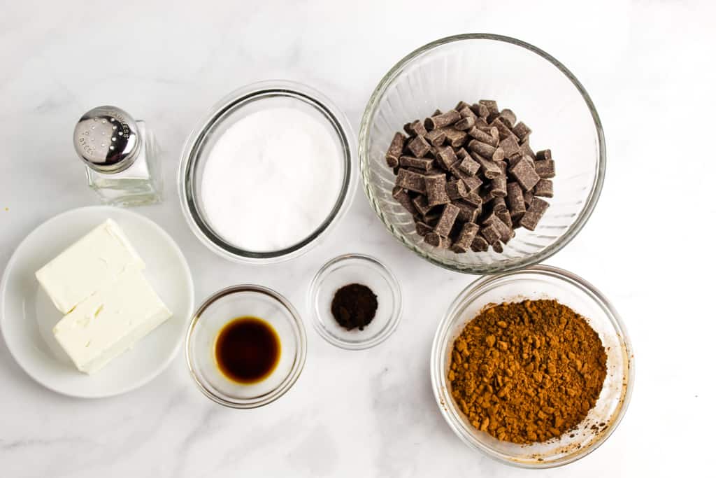 overhead shot of flourless chocolate cake ingredients