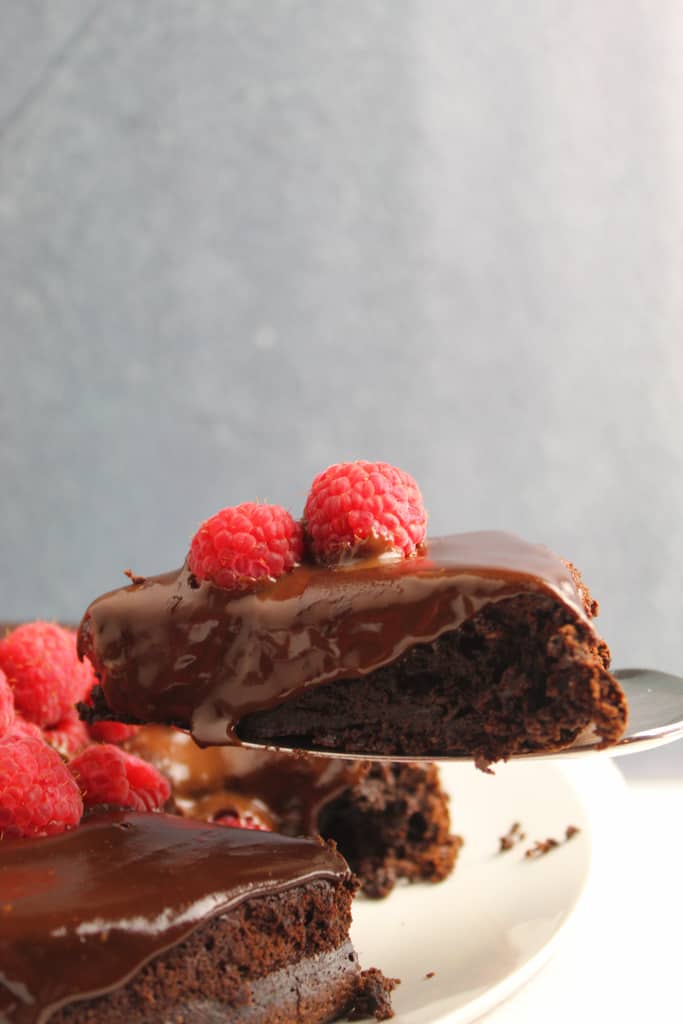 up close sice of flourless chocolate cake