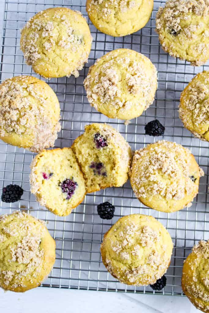 overhead shot of blackberry muffins