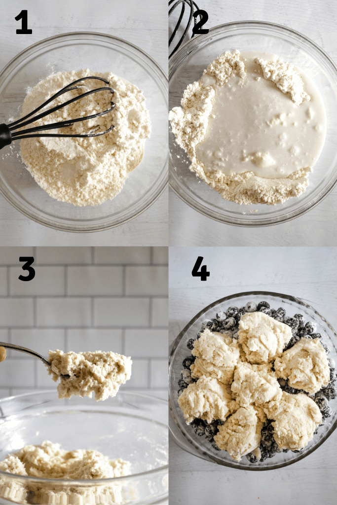 collage of steps for making blueberry cobbler mixing, stirring and portioning