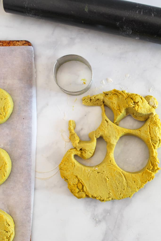 overhead shot of biscuits cut out