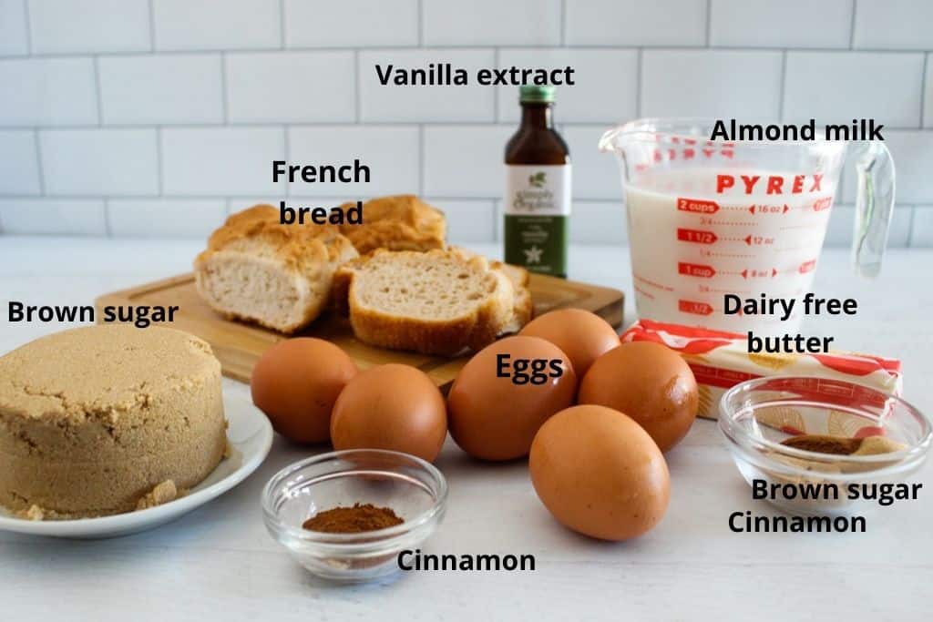 labeled ingredients for french toast casserole