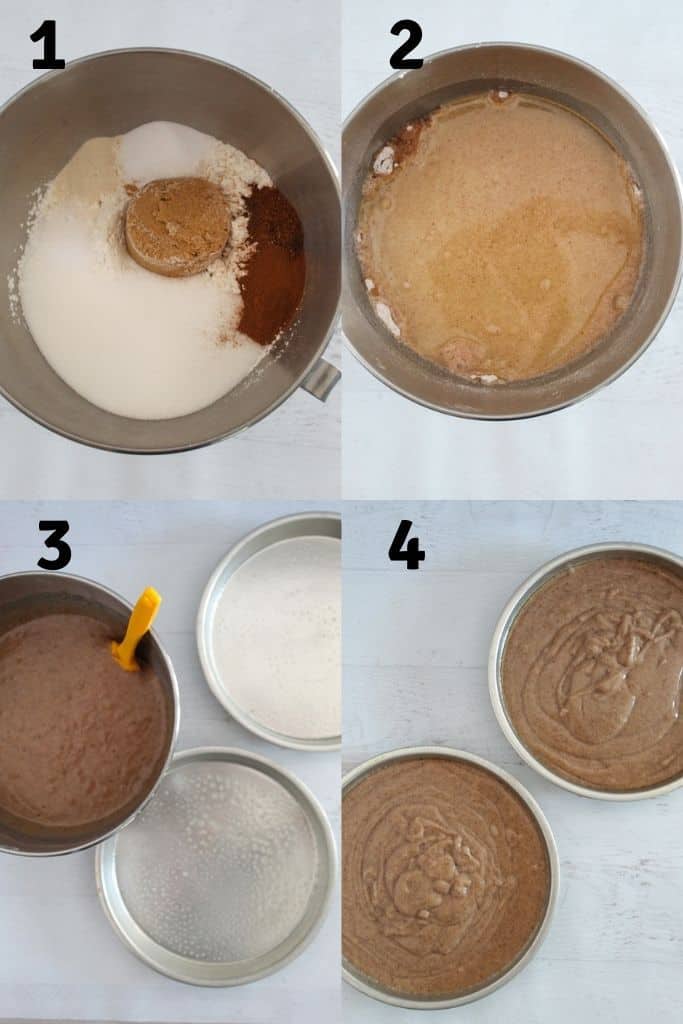 collage of steps to make cake