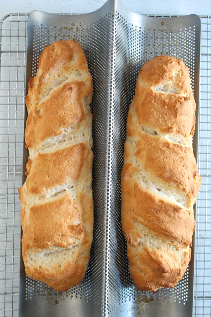 overhead shot of french bread in pans