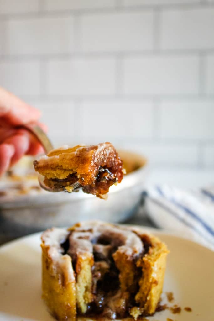 up close bite of cinnamon rolls