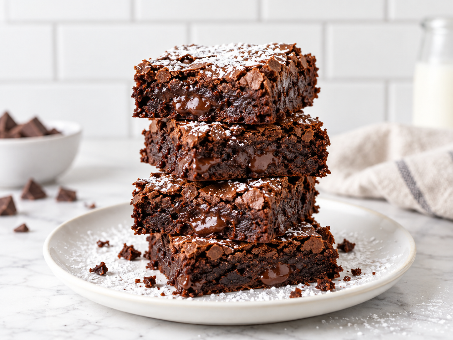 oat flour brownies topped with powdered sugar on  plate