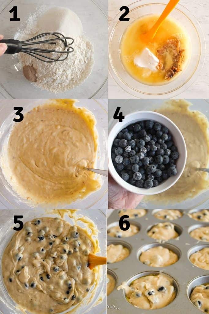collage of steps to make muffins.