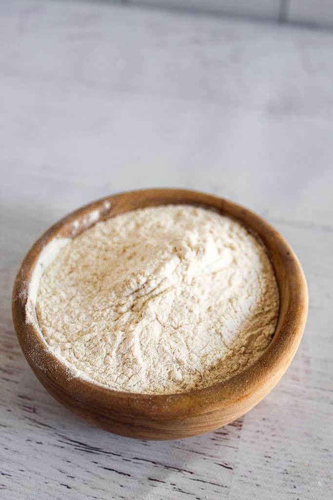 brown bowl of buckwheat flour.