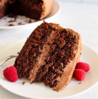 slice of chocolate fudge cake on a white plate.