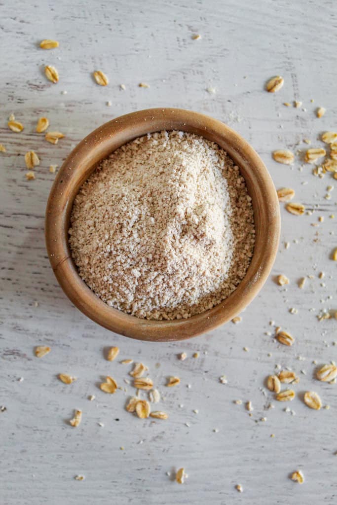 brown bowl of oat flour.