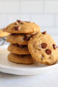 stack of pumpkin chocolate chip cookies.