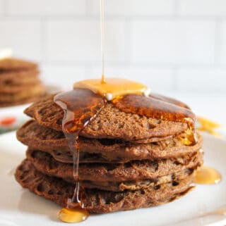 syrup pouring on teff pancakes.