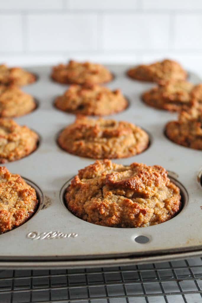 baked almond flour banana muffins in the pan.