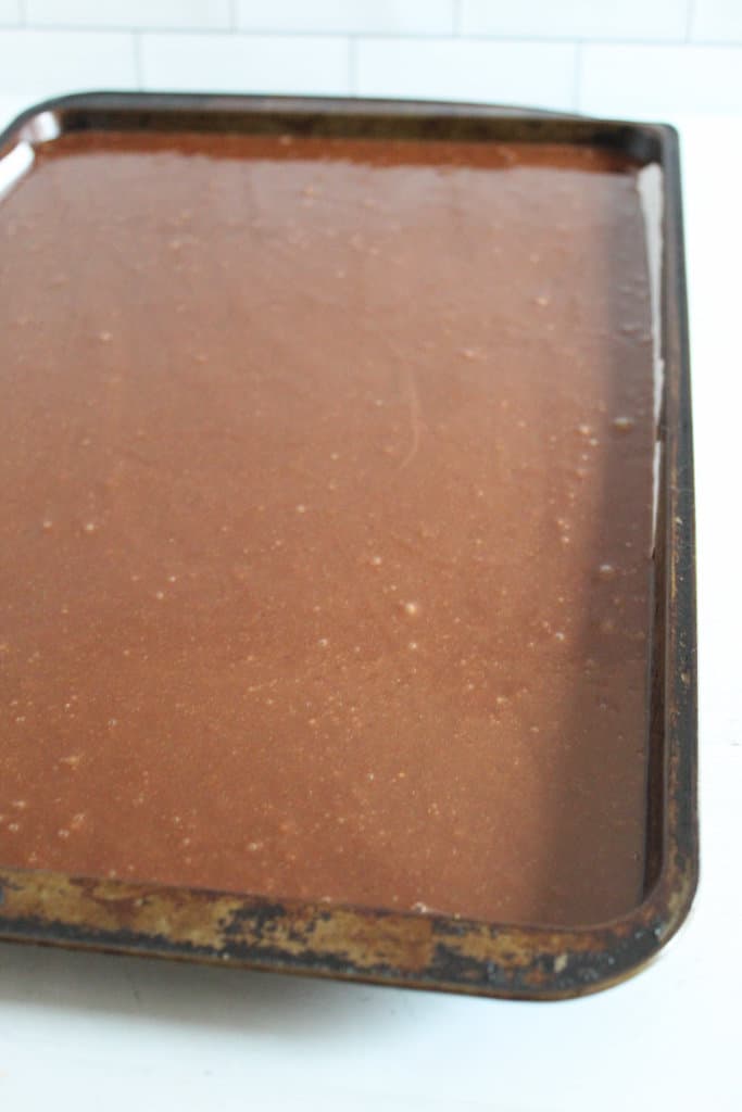 cake batter in a baking pan.