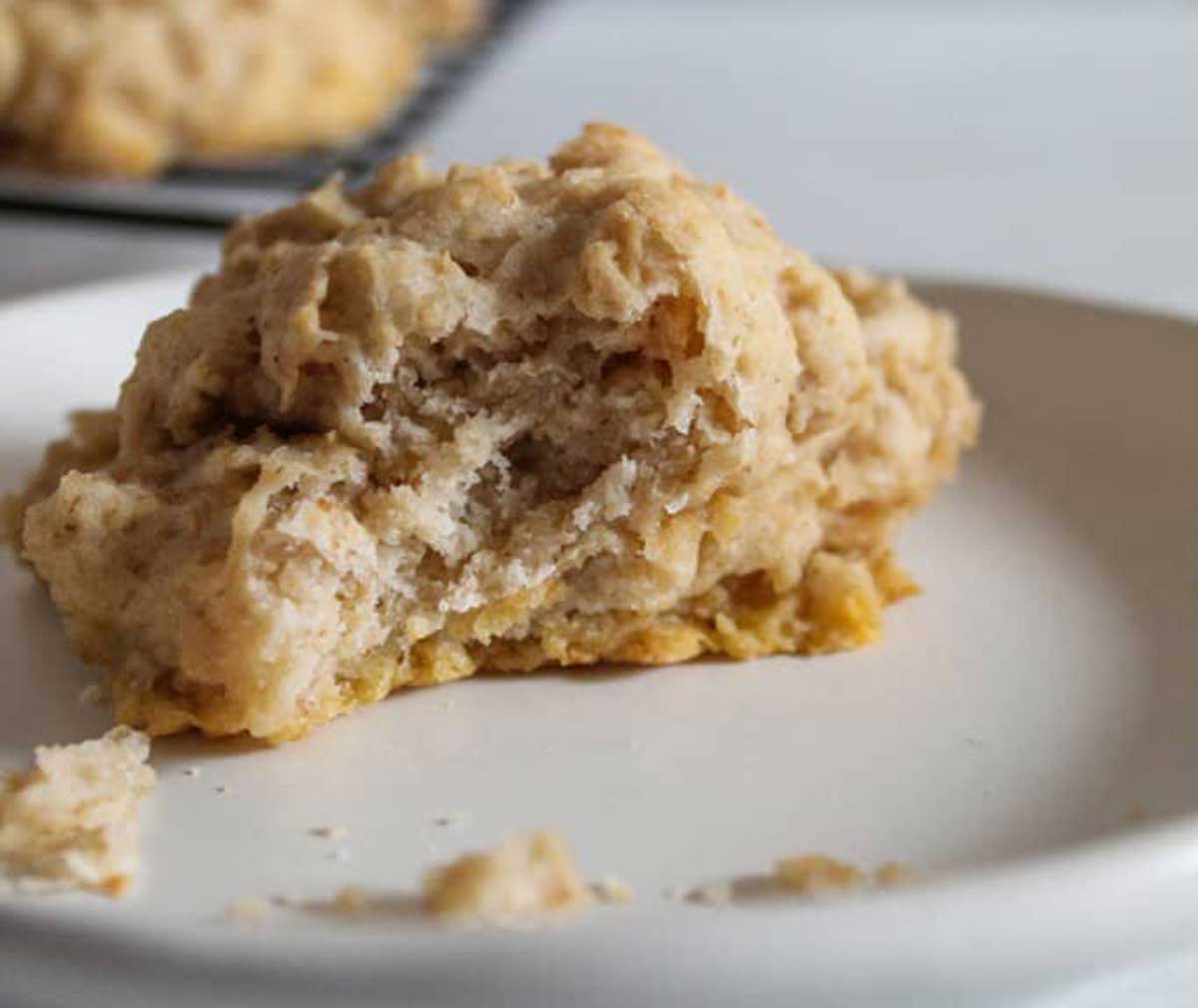 oatmeal roll on a white plate with a bite taken out of it