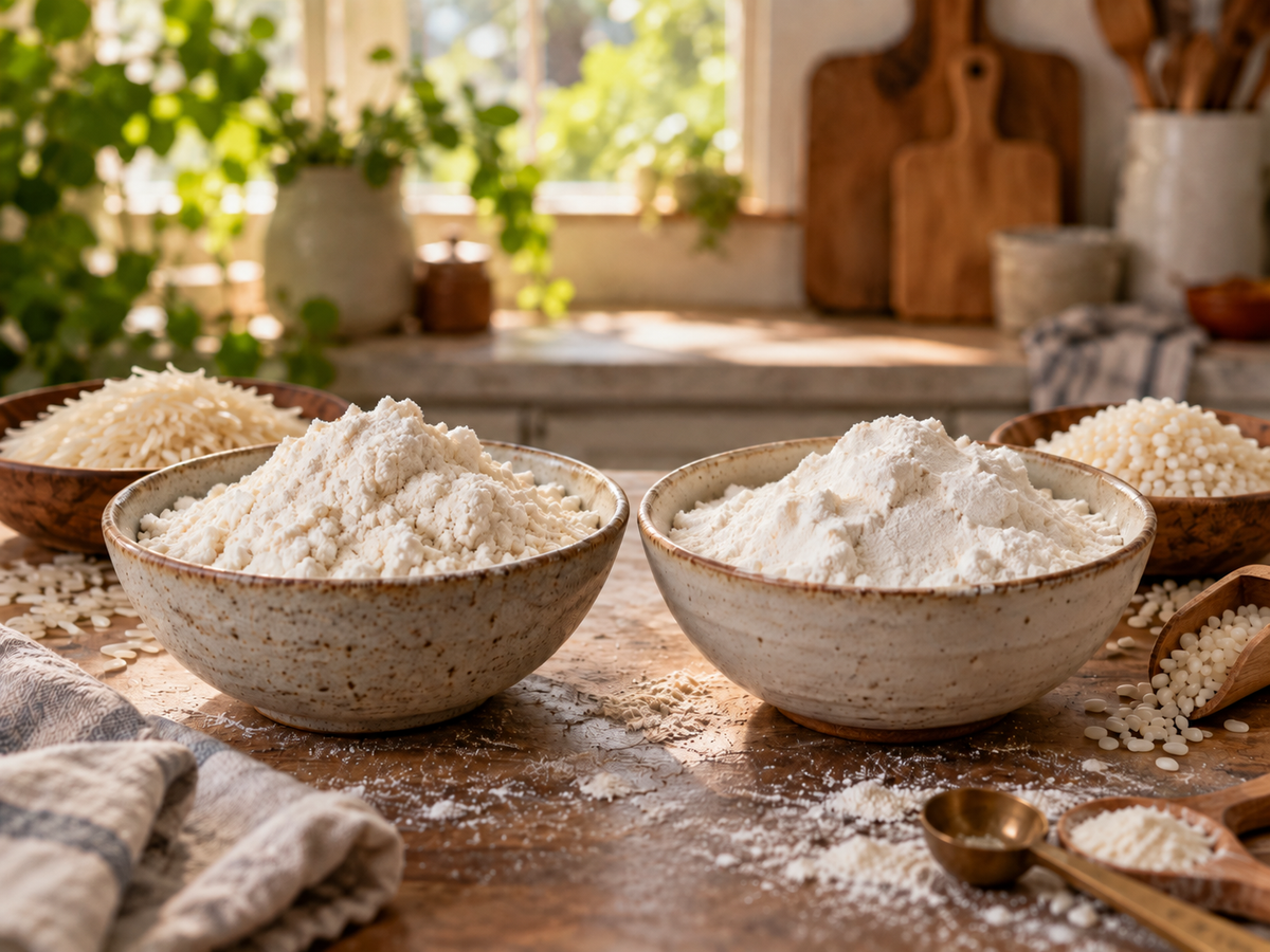 bowls of rice flour and sweet rice flour