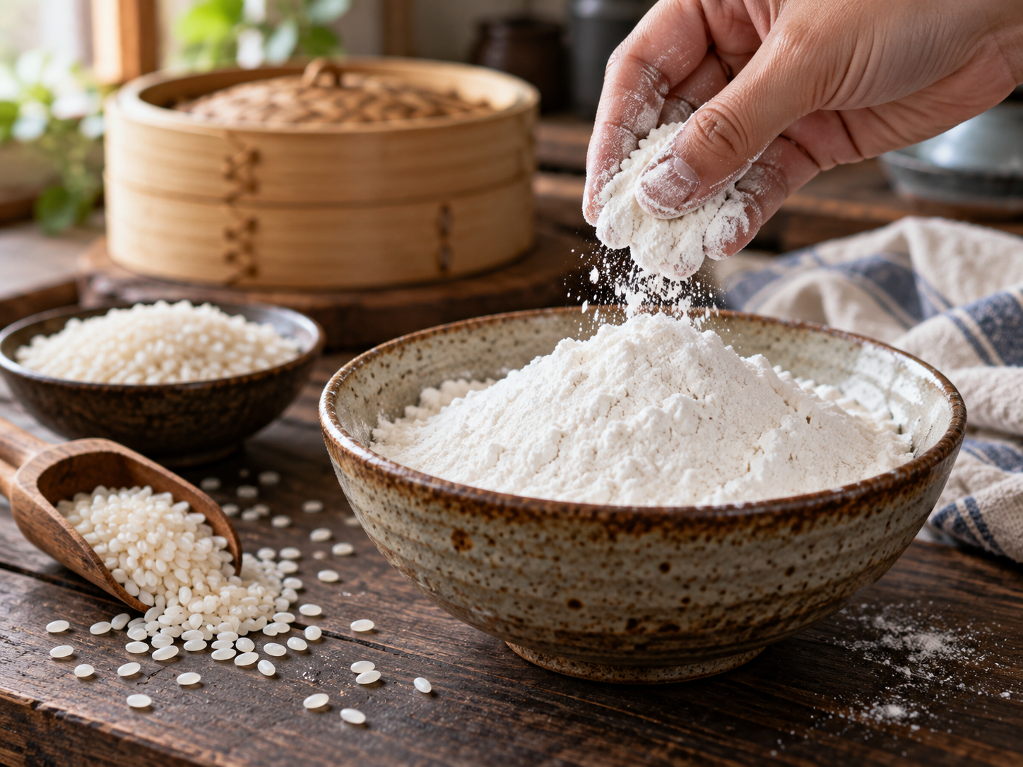 sweet rice flour in a bowl, bakers hand